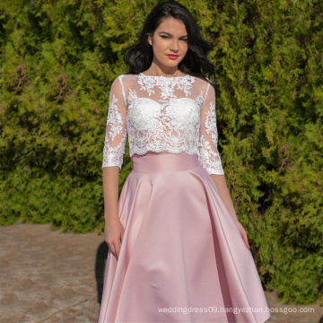 New Arrival 2020 Two Pieces Illusion Lace Appliques Crop Top Half Sleeves Blush Pink Bridesmaid Short Wedding Guest Dress